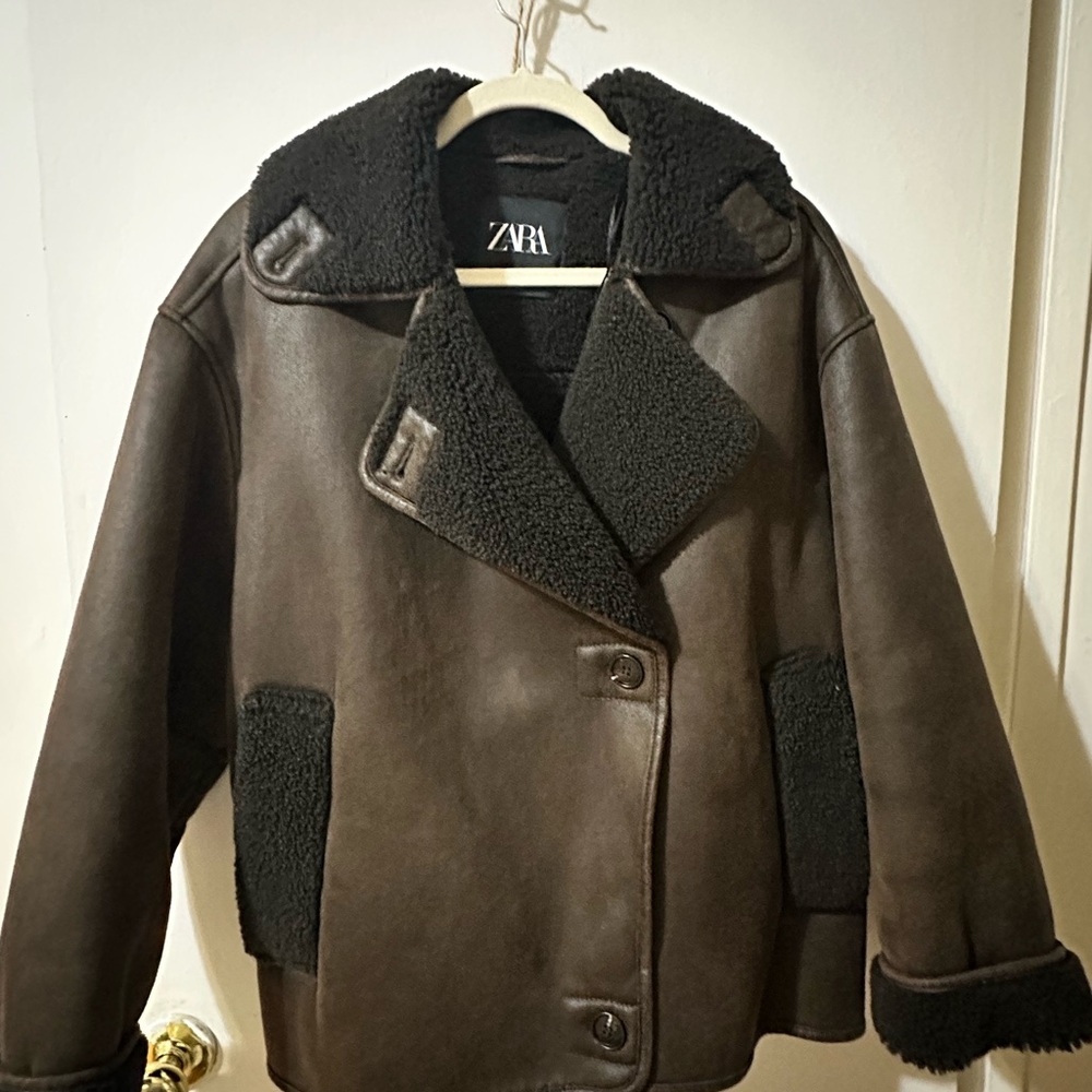 Zara Dark Brown Leather Jacket with Black Accents